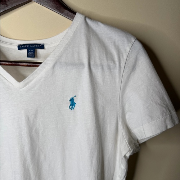 Vintage Ralph Lauren White V-Neck Tee with Blue Logo - Picture 6 of 7